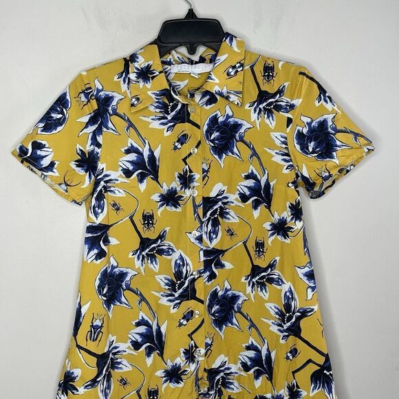 OSMAN YOUSEFZADA Beetle Print Shirtdress Women 2 Yellow Floral Scarab Cotton - Picture 5 of 16